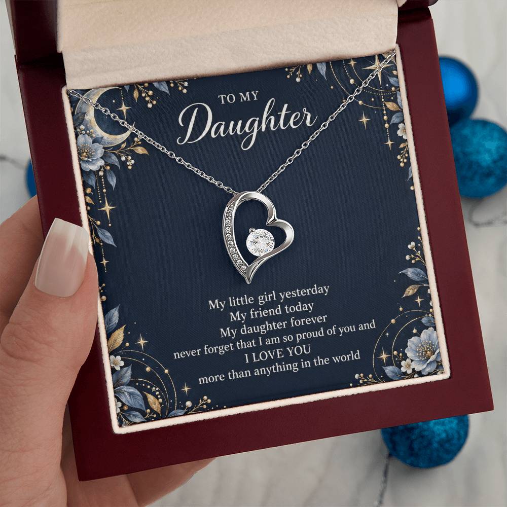 Gift for Daughter Forever Love necklace with Navy Starlight message card in White Gold Finish – luxury box held in hand | Hensley London