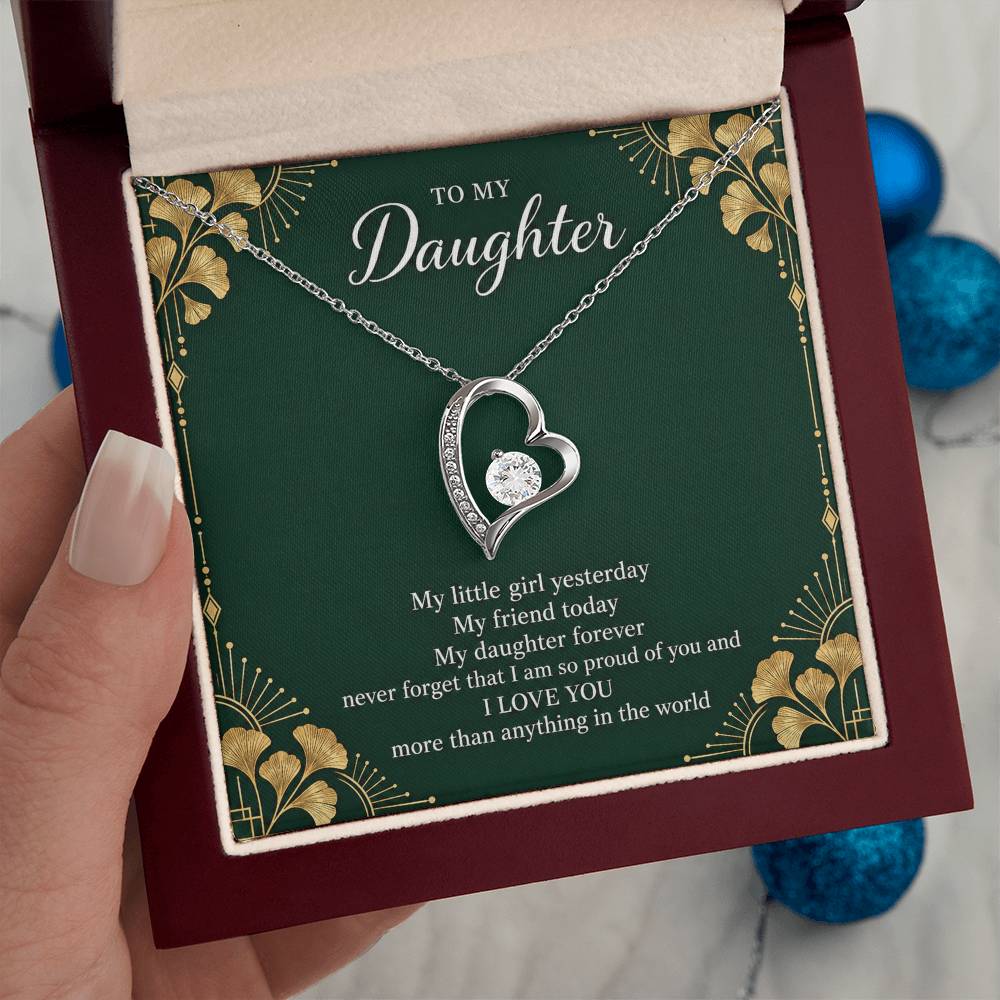 Gift for Daughter Forever Love necklace with Emerald Neo Deco message card in White Gold Finish – luxury box held in hand | Hensley London