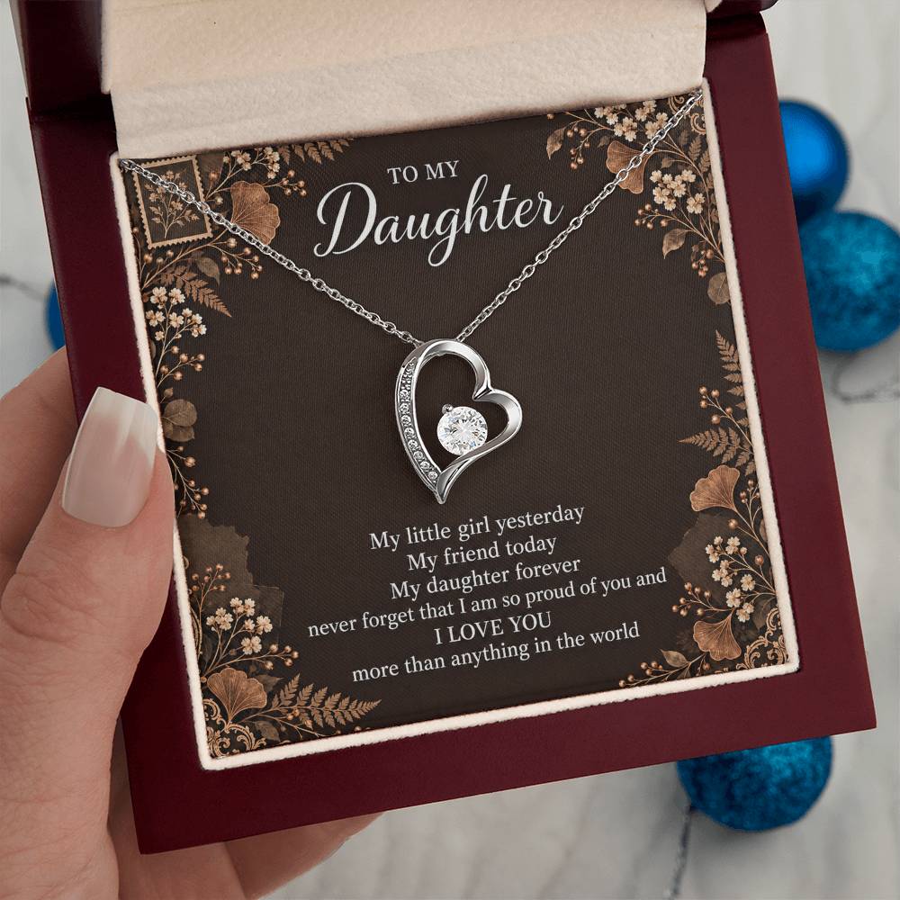 Gift for Daughter Forever Love necklace with Espresso Poet Letter message card in White Gold Finish – luxury box held in hand | Hensley London