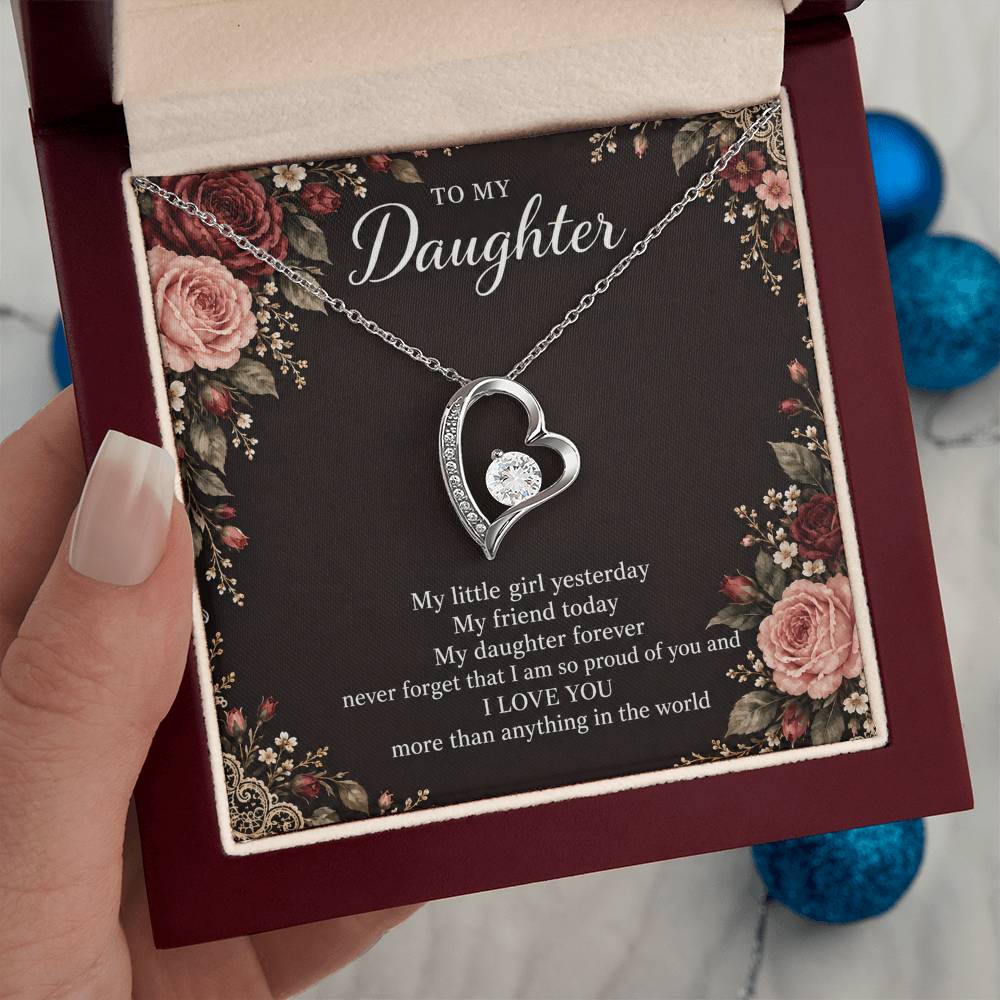 Gift for Daughter Forever Love necklace with Midnight Rose Lace message card in White Gold Finish – luxury box held in hand | Hensley London