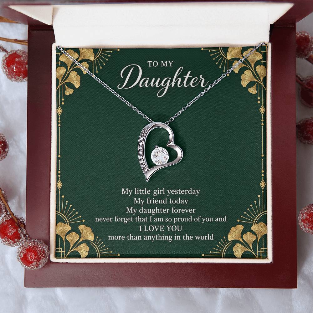 Gift for Daughter Forever Love necklace with Emerald Neo Deco message card in White Gold Finish – luxury box close-up | Hensley London