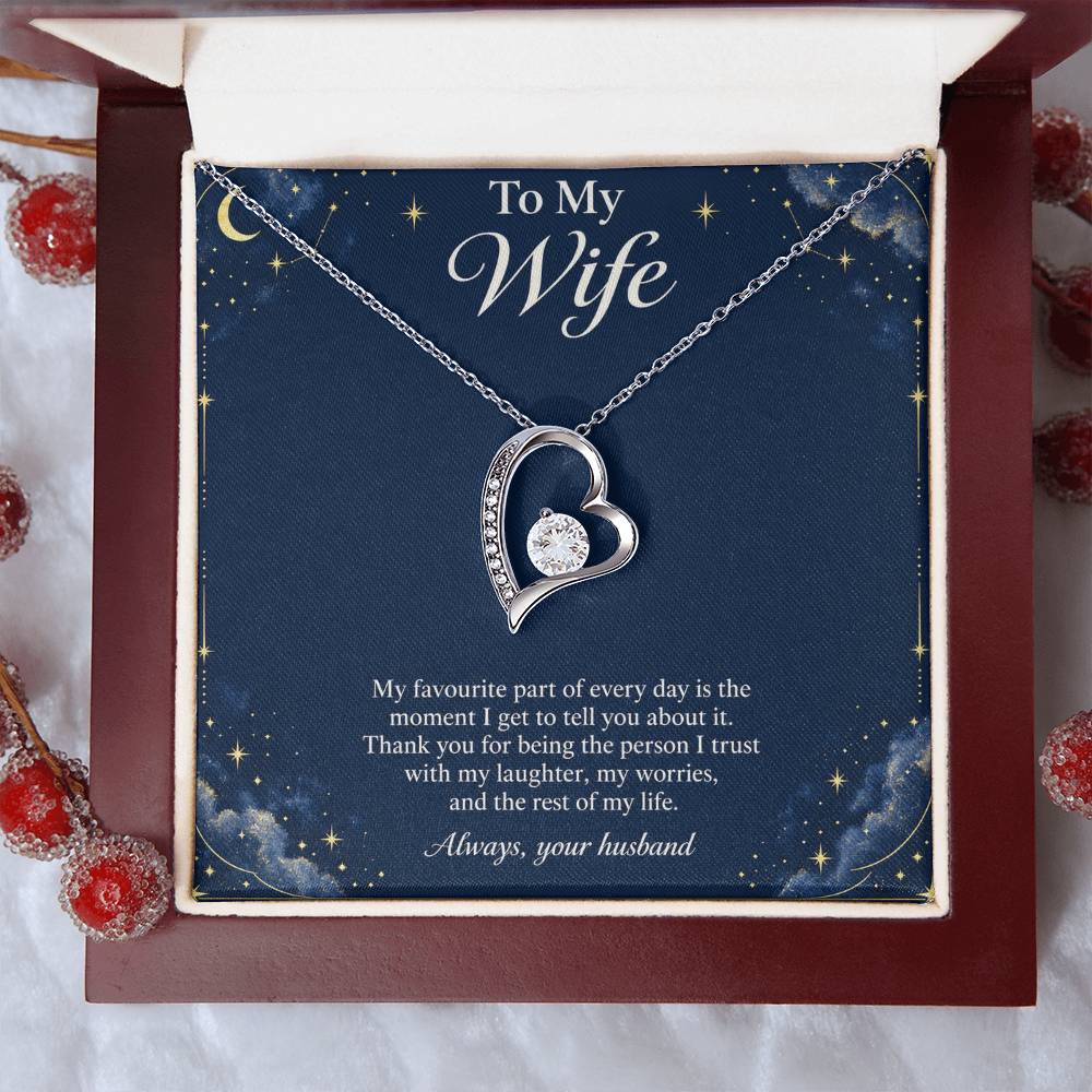White-gold Forever Love heart necklace and Wife message card in open luxury box | Hensley London