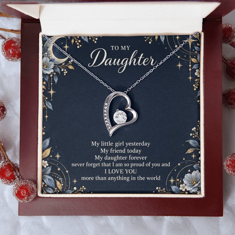 Gift for Daughter Forever Love necklace with Navy Starlight message card in White Gold Finish – luxury box close-up | Hensley London