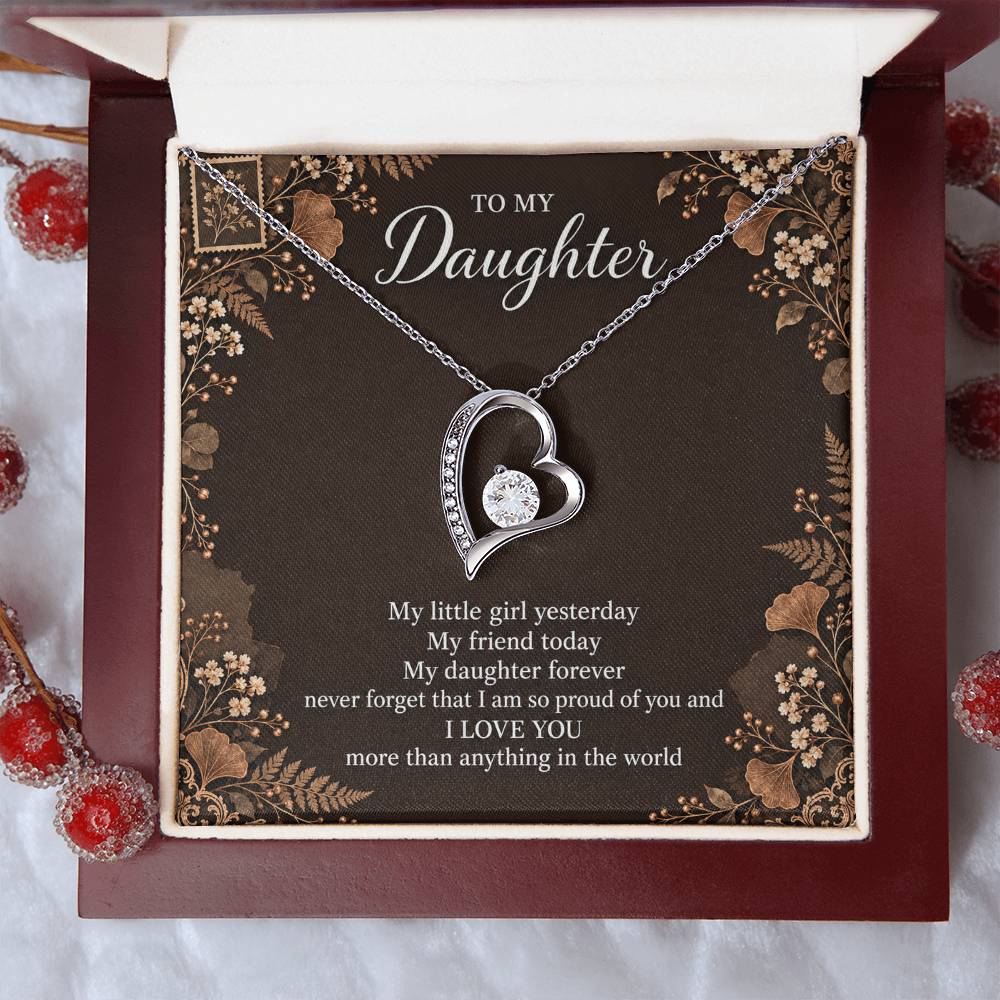 Gift for Daughter Forever Love necklace with Espresso Poet Letter message card in White Gold Finish – luxury box close-up | Hensley London