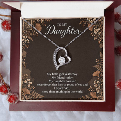 Gift for Daughter Forever Love necklace with Espresso Poet Letter message card in White Gold Finish – luxury box close-up | Hensley London