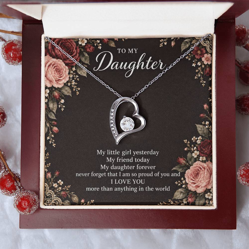 Gift for Daughter Forever Love necklace with Midnight Rose Lace message card in White Gold Finish – luxury box close-up | Hensley London