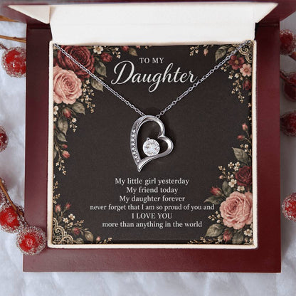 Gift for Daughter Forever Love necklace with Midnight Rose Lace message card in White Gold Finish – luxury box close-up | Hensley London