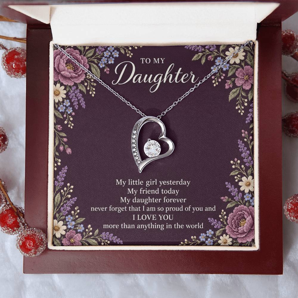 Gift for Daughter Forever Love necklace with Plum Embroidered Meadow message card in White Gold Finish – luxury box close-up | Hensley London