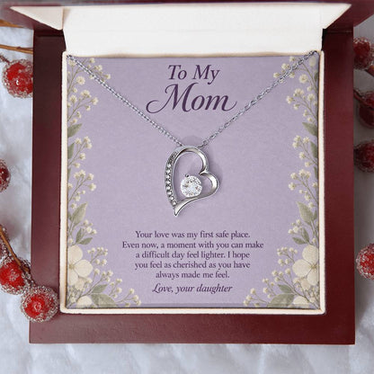 Forever Love Necklace in white gold finish with message card for mother | Hensley London