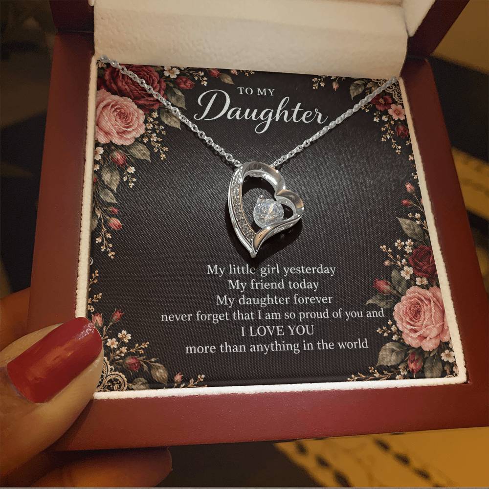 Gift for Daughter Forever Love necklace with Midnight Rose Lace message card in White Gold Finish – luxury box close-up | Hensley London