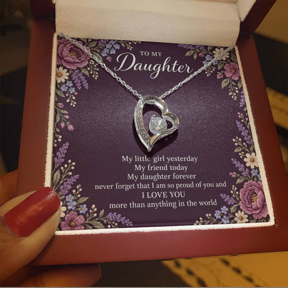 Gift for Daughter Forever Love necklace with Plum Embroidered Meadow message card in White Gold Finish – luxury box close-up | Hensley London