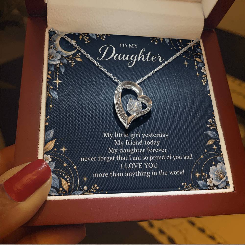 Gift for Daughter Forever Love necklace with Navy Starlight message card in White Gold Finish – luxury box close-up | Hensley London