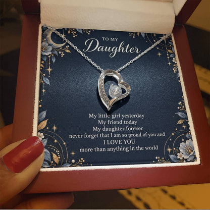 Gift for Daughter Forever Love necklace with Navy Starlight message card in White Gold Finish – luxury box close-up | Hensley London