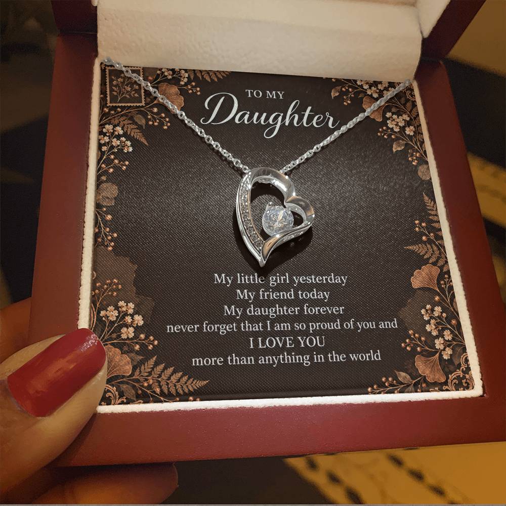 Gift for Daughter Forever Love necklace with Espresso Poet Letter message card in White Gold Finish – luxury box close-up | Hensley London