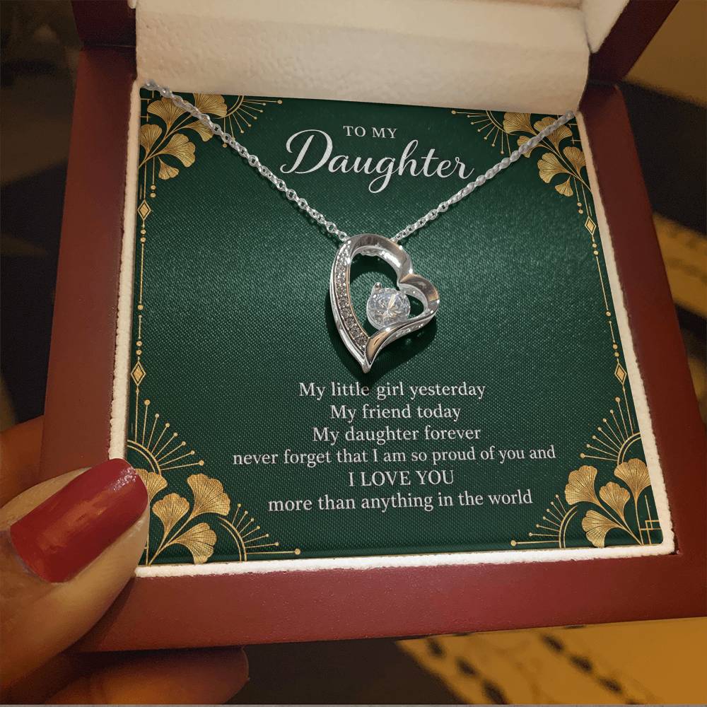 Gift for Daughter Forever Love necklace with Emerald Neo Deco message card in White Gold Finish – luxury box close-up | Hensley London