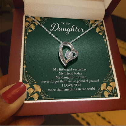 Gift for Daughter Forever Love necklace with Emerald Neo Deco message card in White Gold Finish – luxury box close-up | Hensley London
