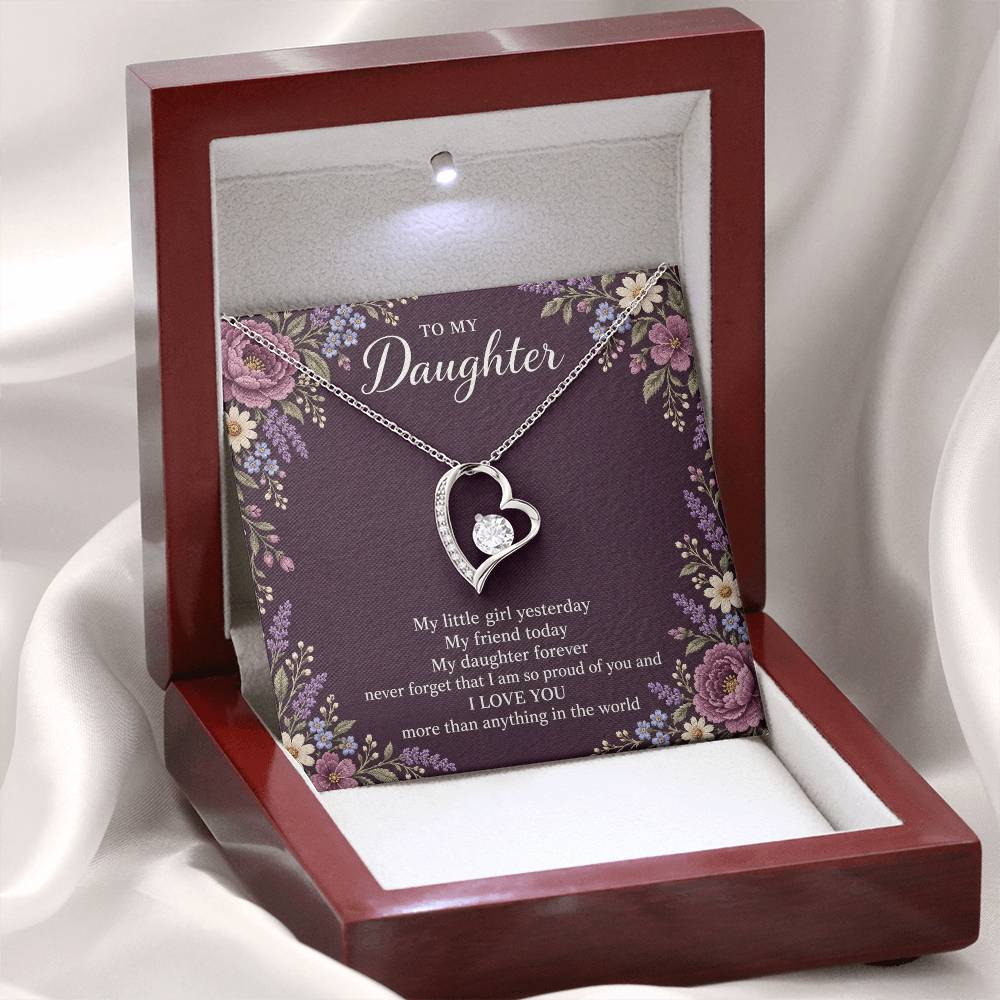 Gift for Daughter Forever Love necklace with Plum Embroidered Meadow message card in White Gold Finish – open LED luxury box | Hensley London