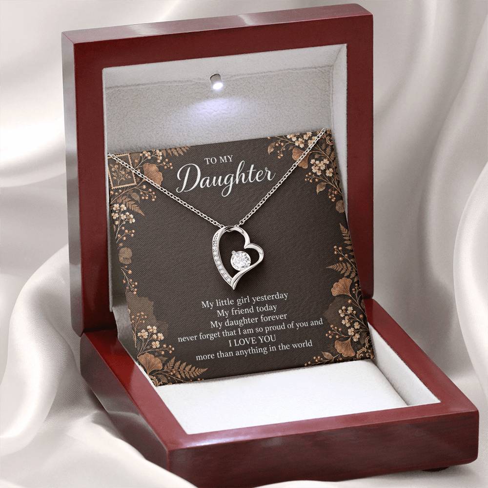 Gift for Daughter Forever Love necklace with Espresso Poet Letter message card in White Gold Finish – open LED luxury box | Hensley London