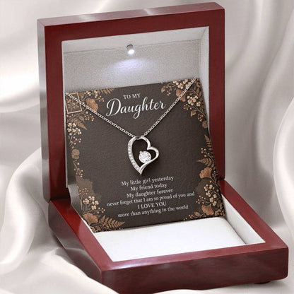Gift for Daughter Forever Love necklace with Espresso Poet Letter message card in White Gold Finish – open LED luxury box | Hensley London