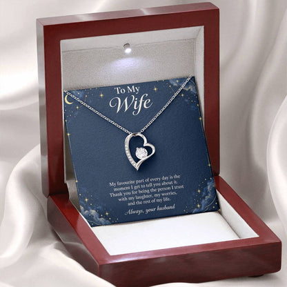 White-gold Forever Love heart necklace and Wife message card in LED luxury box | Hensley London