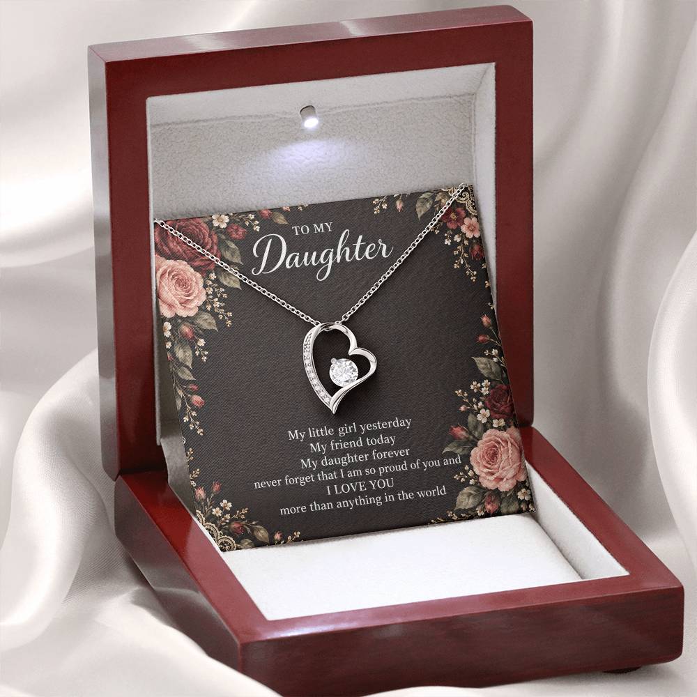 Gift for Daughter Forever Love necklace with Midnight Rose Lace message card in White Gold Finish – open LED luxury box | Hensley London