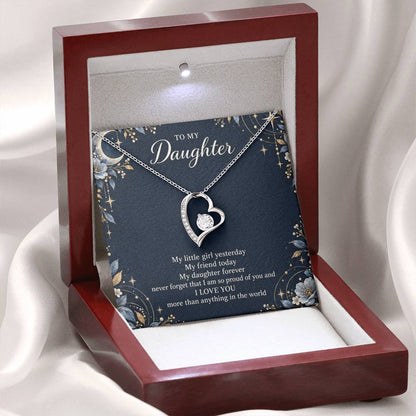Gift for Daughter Forever Love necklace with Navy Starlight message card in White Gold Finish – open LED luxury box | Hensley London