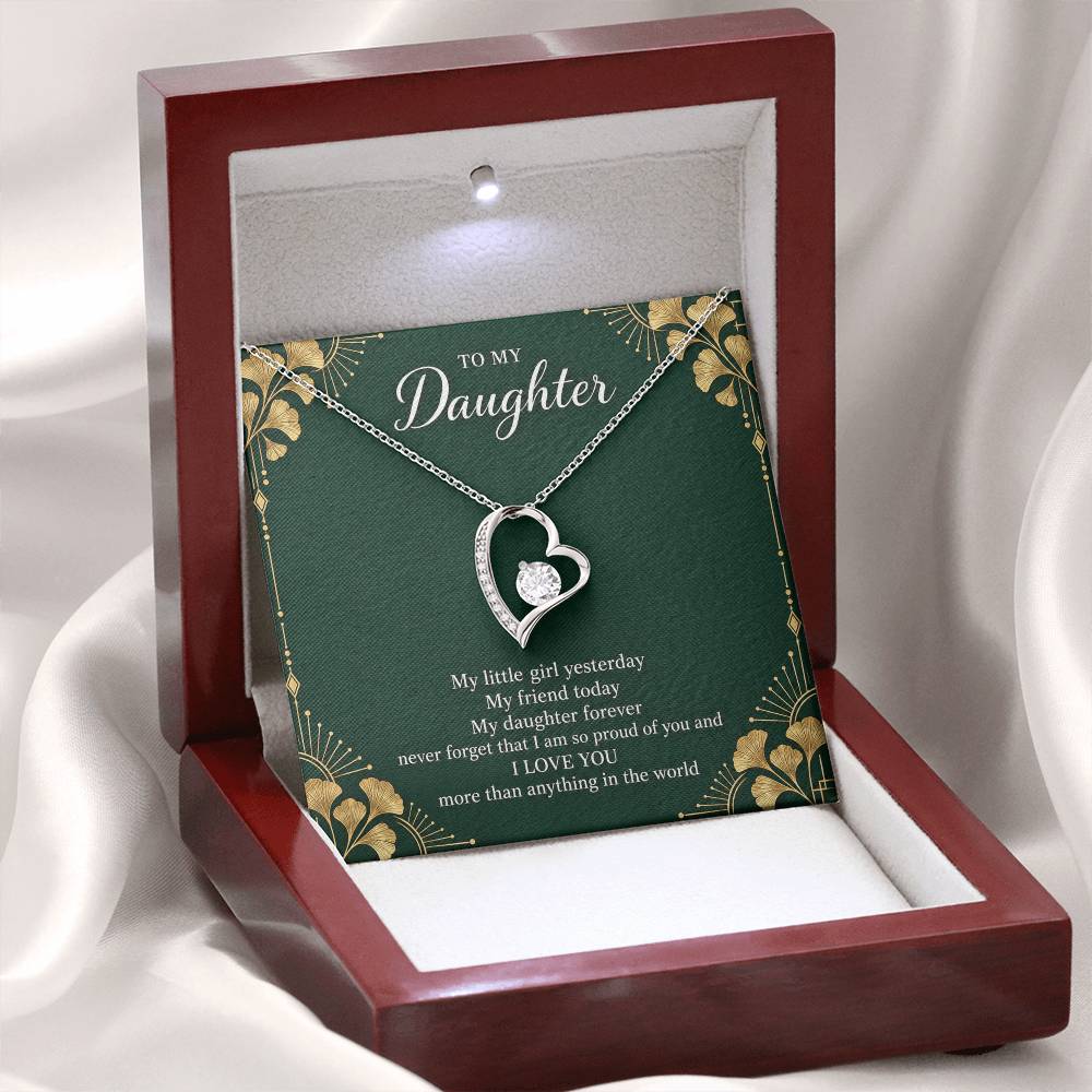 Gift for Daughter Forever Love necklace with Emerald Neo Deco message card in White Gold Finish – open LED luxury box | Hensley London