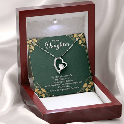 Gift for Daughter Forever Love necklace with Emerald Neo Deco message card in White Gold Finish – open LED luxury box | Hensley London