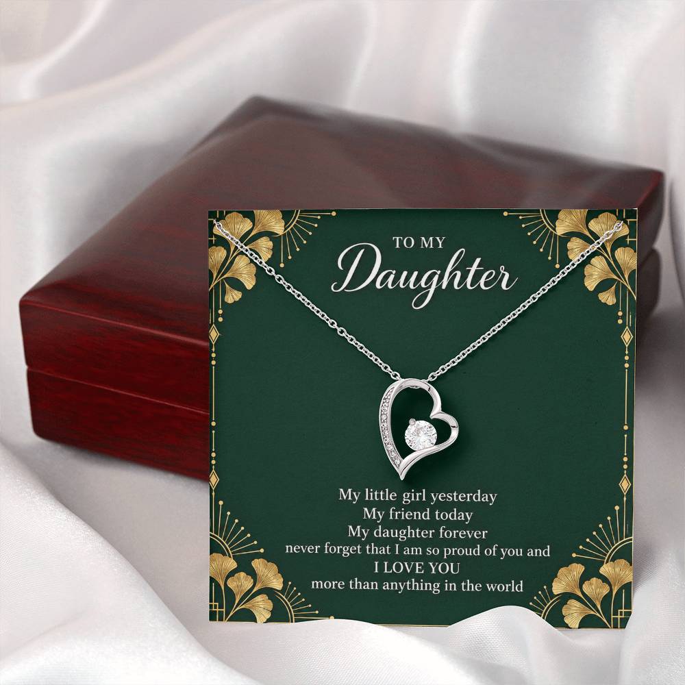 Gift for Daughter Forever Love necklace with Emerald Neo Deco message card in White Gold Finish – closed luxury box presentation | Hensley London
