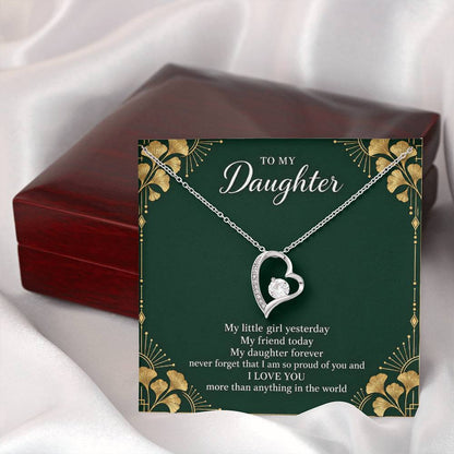 Gift for Daughter Forever Love necklace with Emerald Neo Deco message card in White Gold Finish – closed luxury box presentation | Hensley London