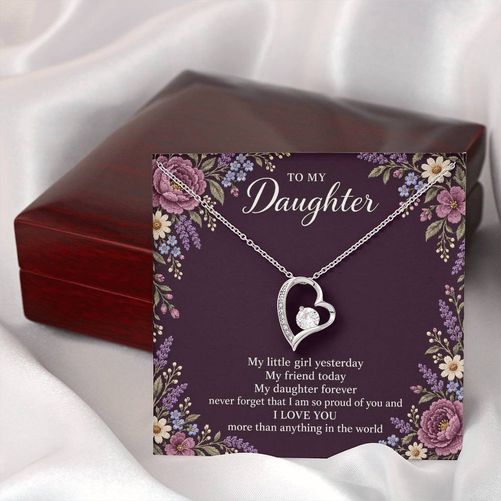 Gift for Daughter Forever Love necklace with Plum Embroidered Meadow message card in White Gold Finish – closed luxury box presentation | Hensley London
