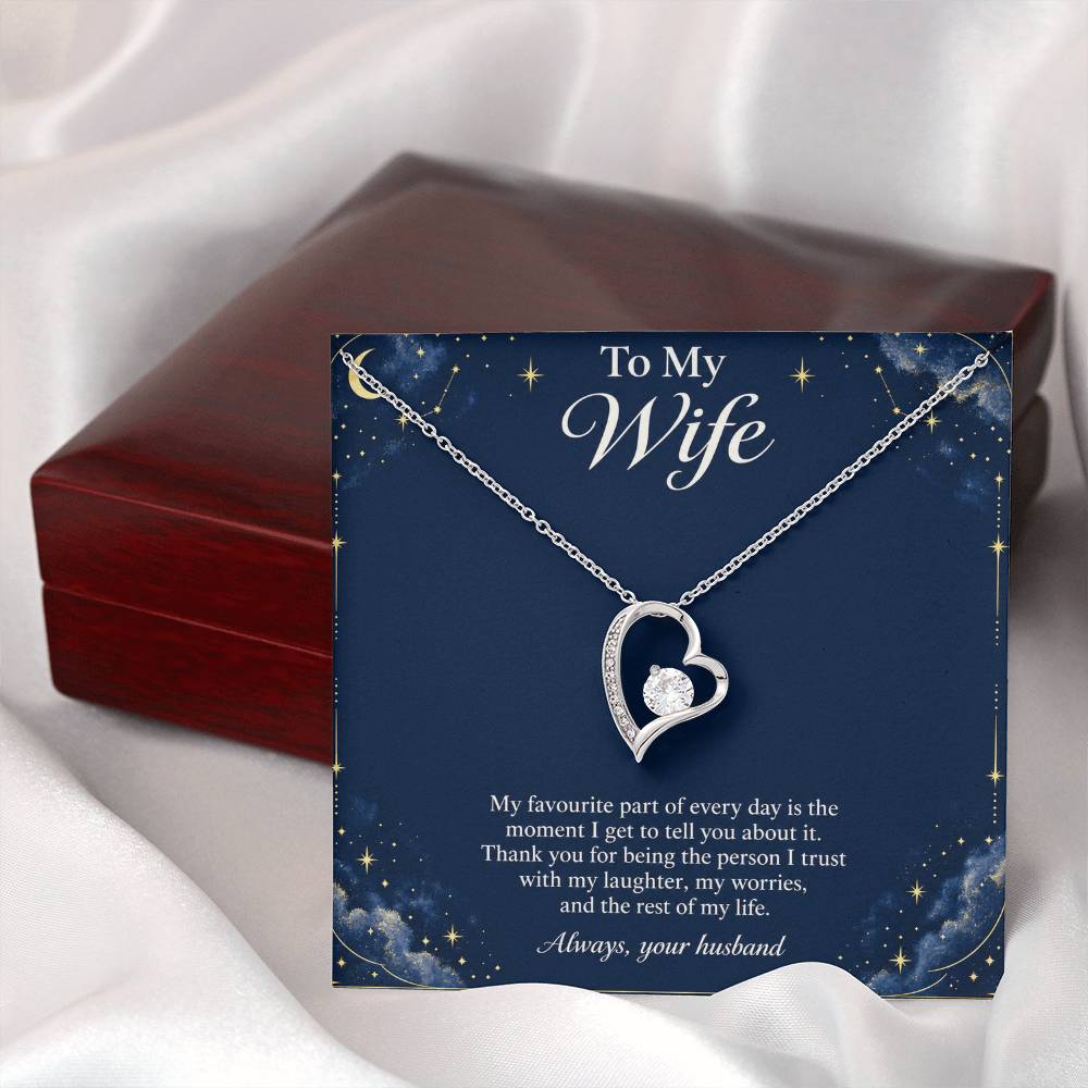 White-gold Forever Love heart necklace and Wife message card beside closed luxury box | Hensley London