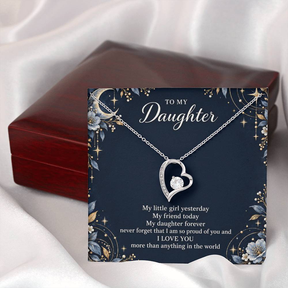 Gift for Daughter Forever Love necklace with Navy Starlight message card in White Gold Finish – closed luxury box presentation | Hensley London