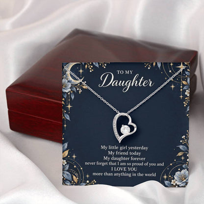 Gift for Daughter Forever Love necklace with Navy Starlight message card in White Gold Finish – closed luxury box presentation | Hensley London