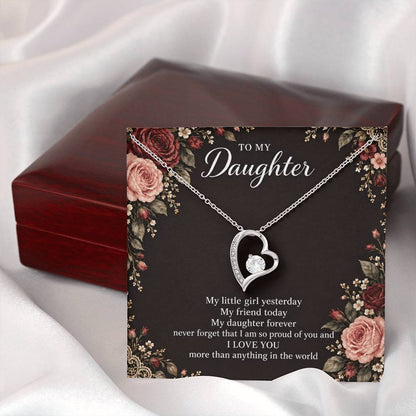 Gift for Daughter Forever Love necklace with Midnight Rose Lace message card in White Gold Finish – closed luxury box presentation | Hensley London