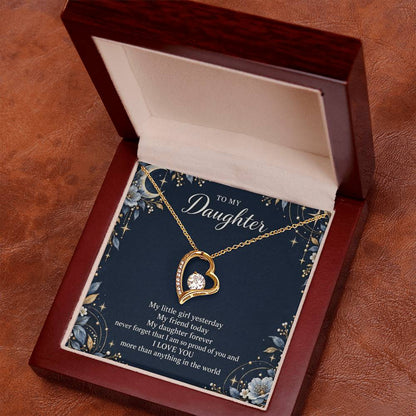 Gift for Daughter Forever Love necklace with Navy Starlight message card in Yellow Gold Finish – luxury box angled view | Hensley London