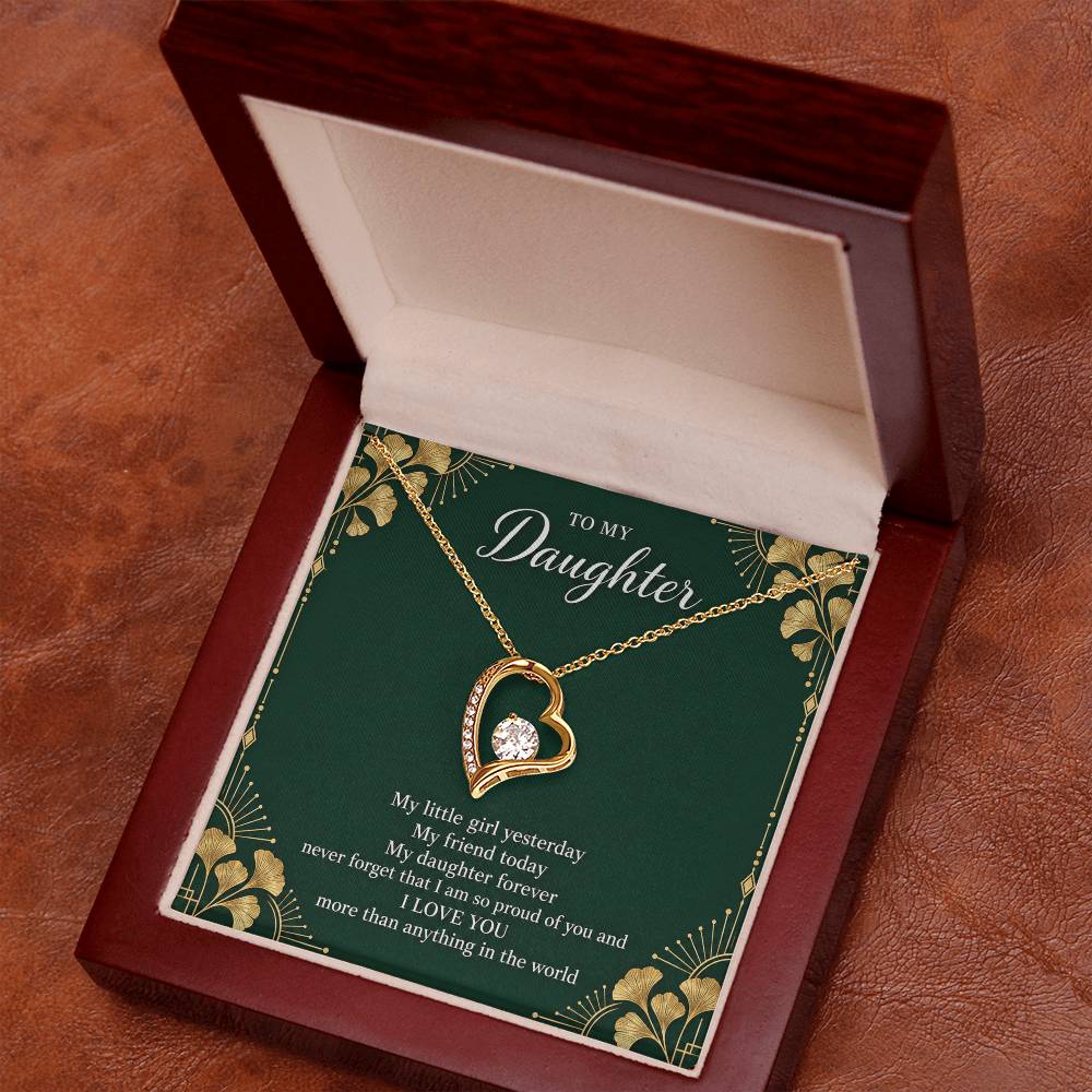 Gift for Daughter Forever Love necklace with Emerald Neo Deco message card in Yellow Gold Finish – luxury box angled view | Hensley London