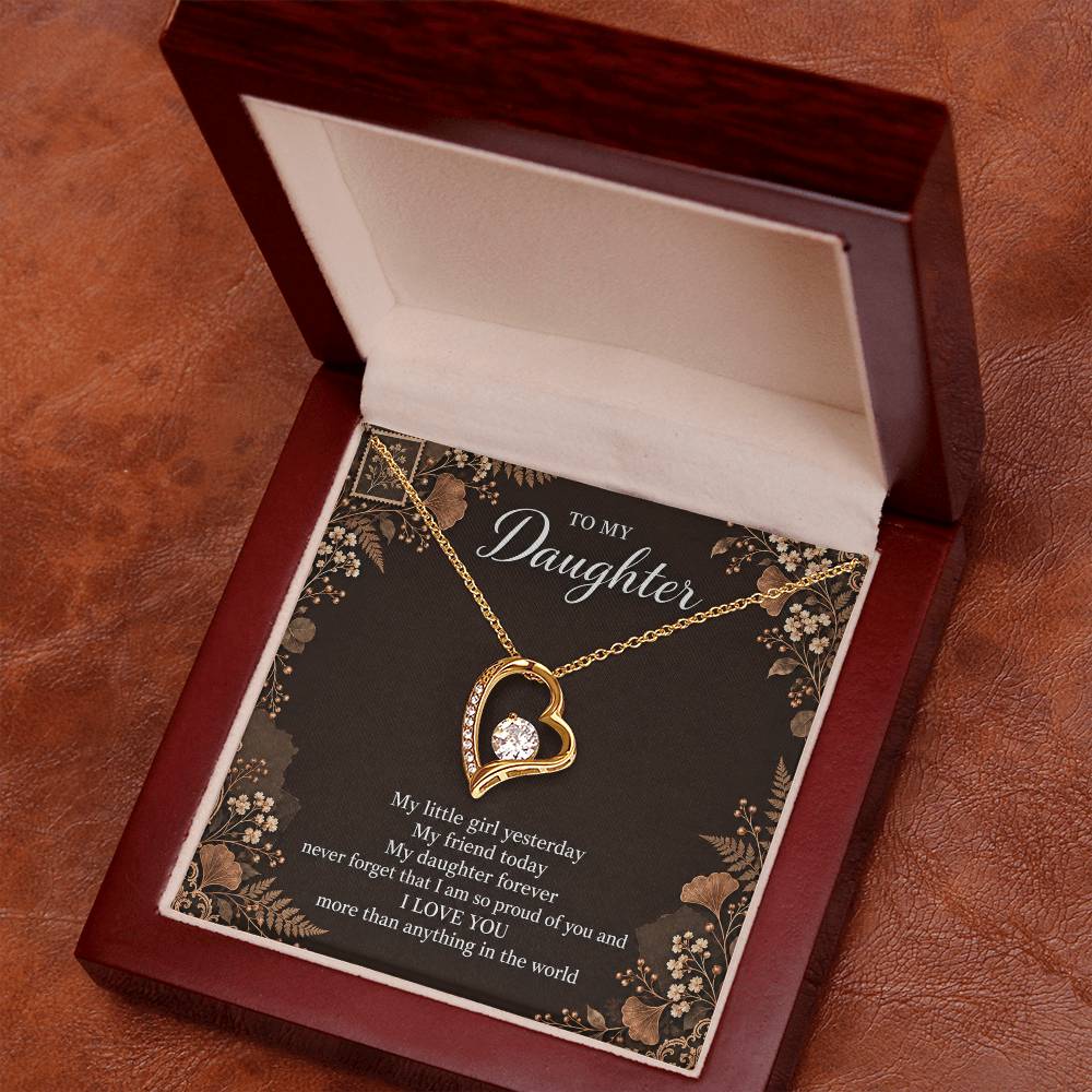 Gift for Daughter Forever Love necklace with Espresso Poet Letter message card in Yellow Gold Finish – luxury box angled view | Hensley London