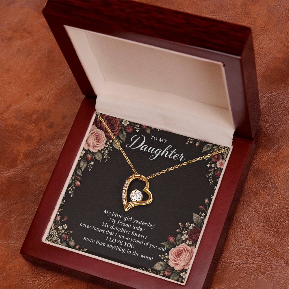 Gift for Daughter Forever Love necklace with Midnight Rose Lace message card in Yellow Gold Finish – luxury box angled view | Hensley London