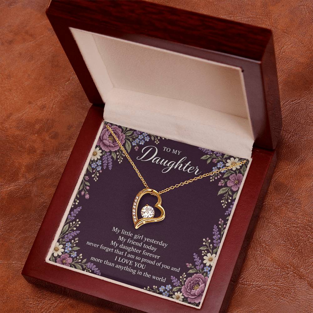 Gift for Daughter Forever Love necklace with Plum Embroidered Meadow message card in Yellow Gold Finish – luxury box angled view | Hensley London