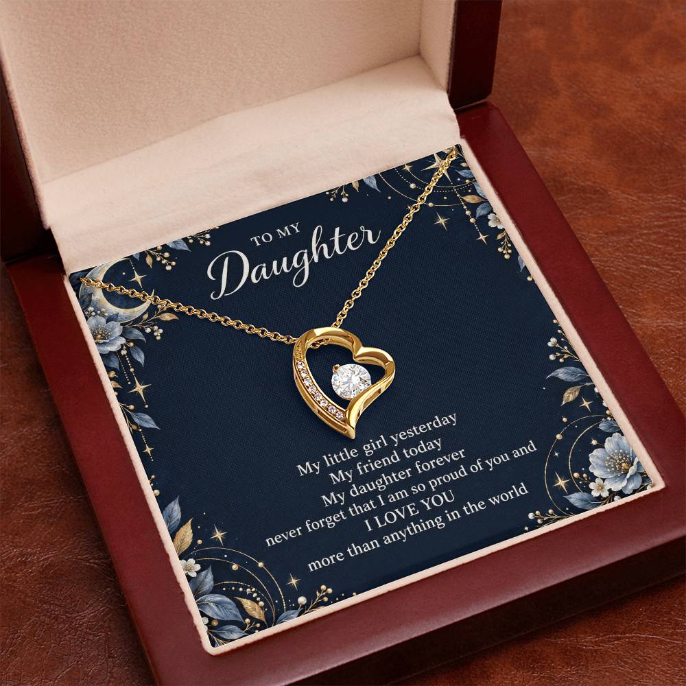 Gift for Daughter Forever Love necklace with Navy Starlight message card in Yellow Gold Finish – luxury box close-up | Hensley London