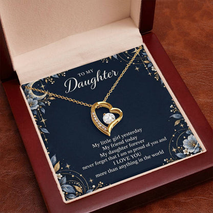 Gift for Daughter Forever Love necklace with Navy Starlight message card in Yellow Gold Finish – luxury box close-up | Hensley London