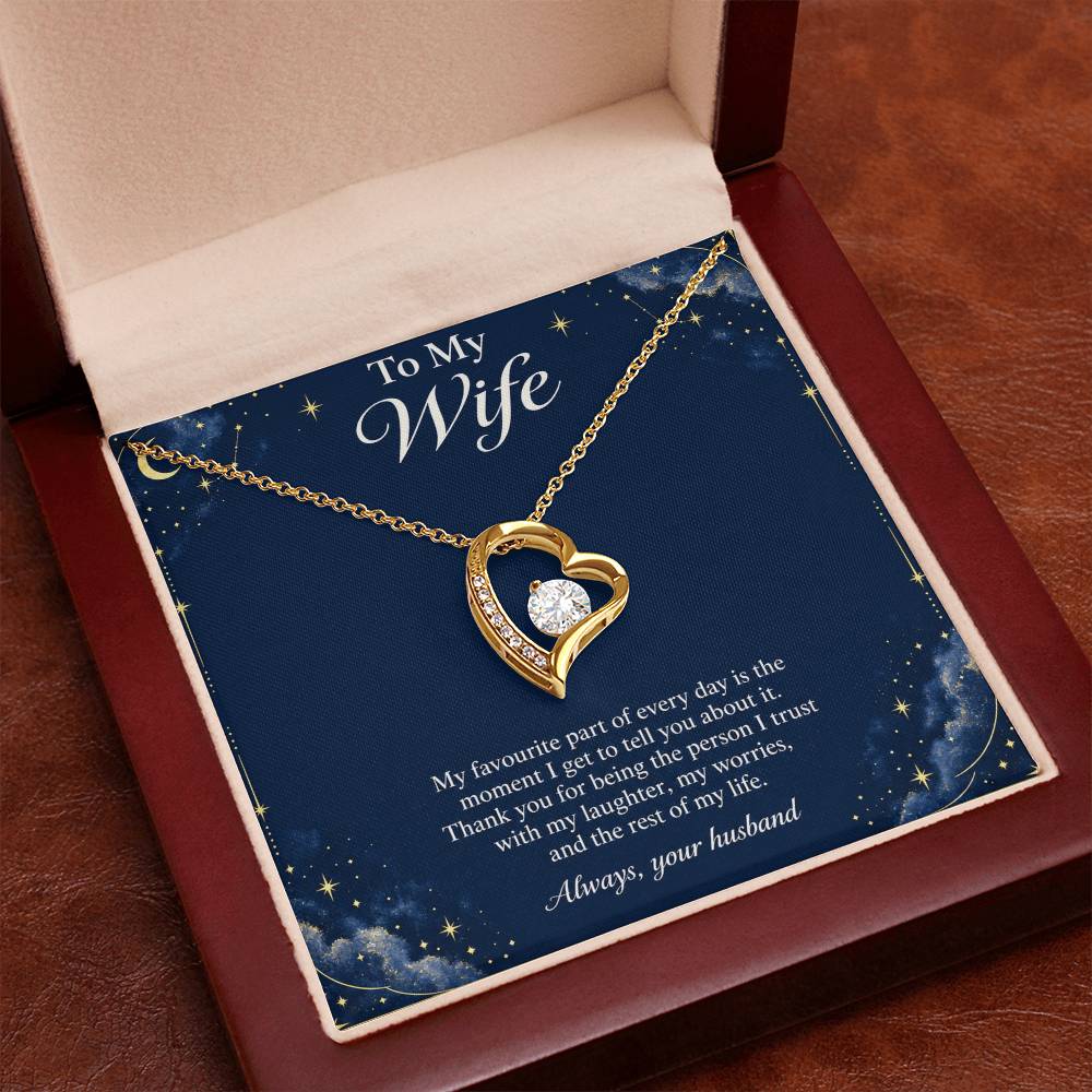Yellow-gold Forever Love heart necklace and Wife message card in open luxury box | Hensley London