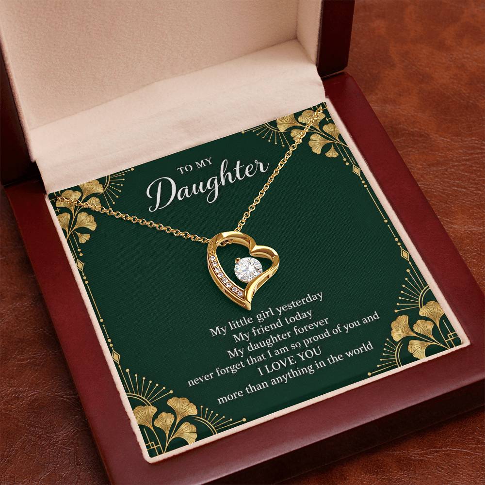 Gift for Daughter Forever Love necklace with Emerald Neo Deco message card in Yellow Gold Finish – luxury box close-up | Hensley London