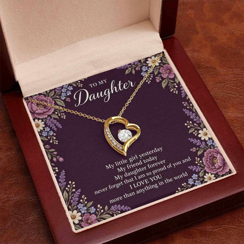 Gift for Daughter Forever Love necklace with Plum Embroidered Meadow message card in Yellow Gold Finish – luxury box close-up | Hensley London