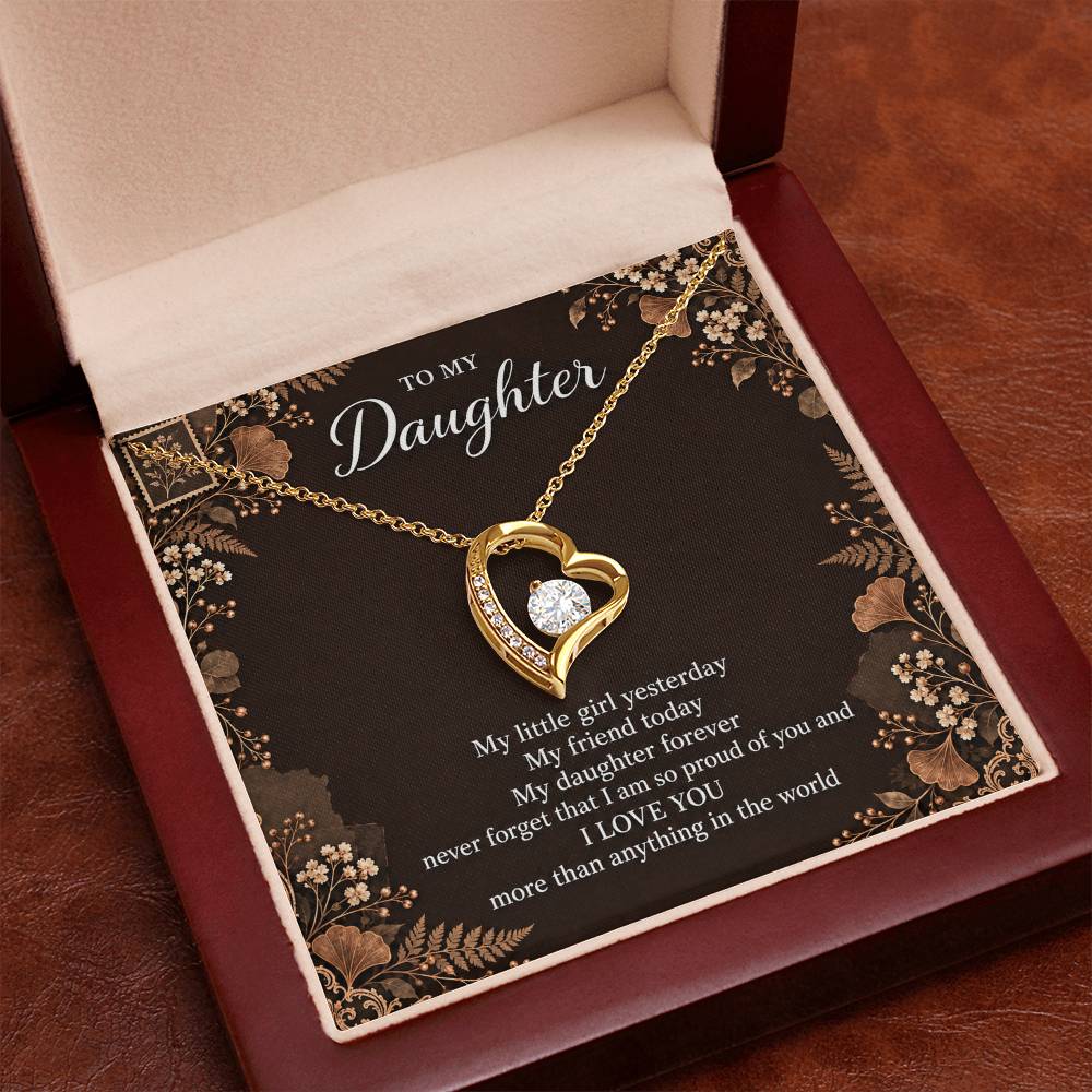 Gift for Daughter Forever Love necklace with Espresso Poet Letter message card in Yellow Gold Finish – luxury box close-up | Hensley London