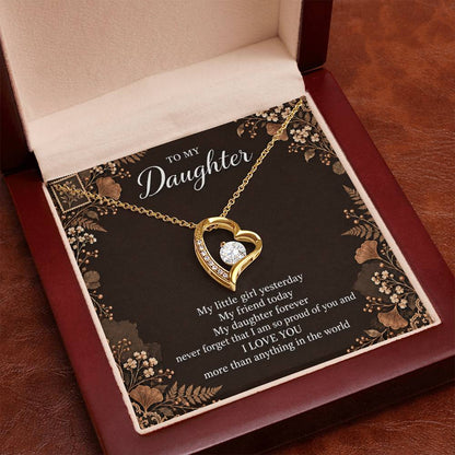 Gift for Daughter Forever Love necklace with Espresso Poet Letter message card in Yellow Gold Finish – luxury box close-up | Hensley London