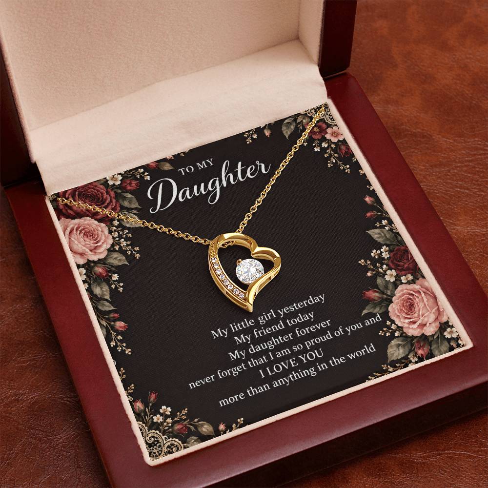 Gift for Daughter Forever Love necklace with Midnight Rose Lace message card in Yellow Gold Finish – luxury box close-up | Hensley London