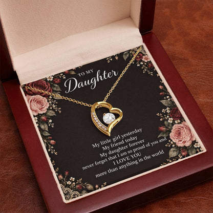 Gift for Daughter Forever Love necklace with Midnight Rose Lace message card in Yellow Gold Finish – luxury box close-up | Hensley London