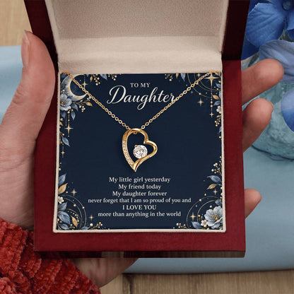 Gift for Daughter Forever Love necklace with Navy Starlight message card in Yellow Gold Finish – luxury box held in hand | Hensley London